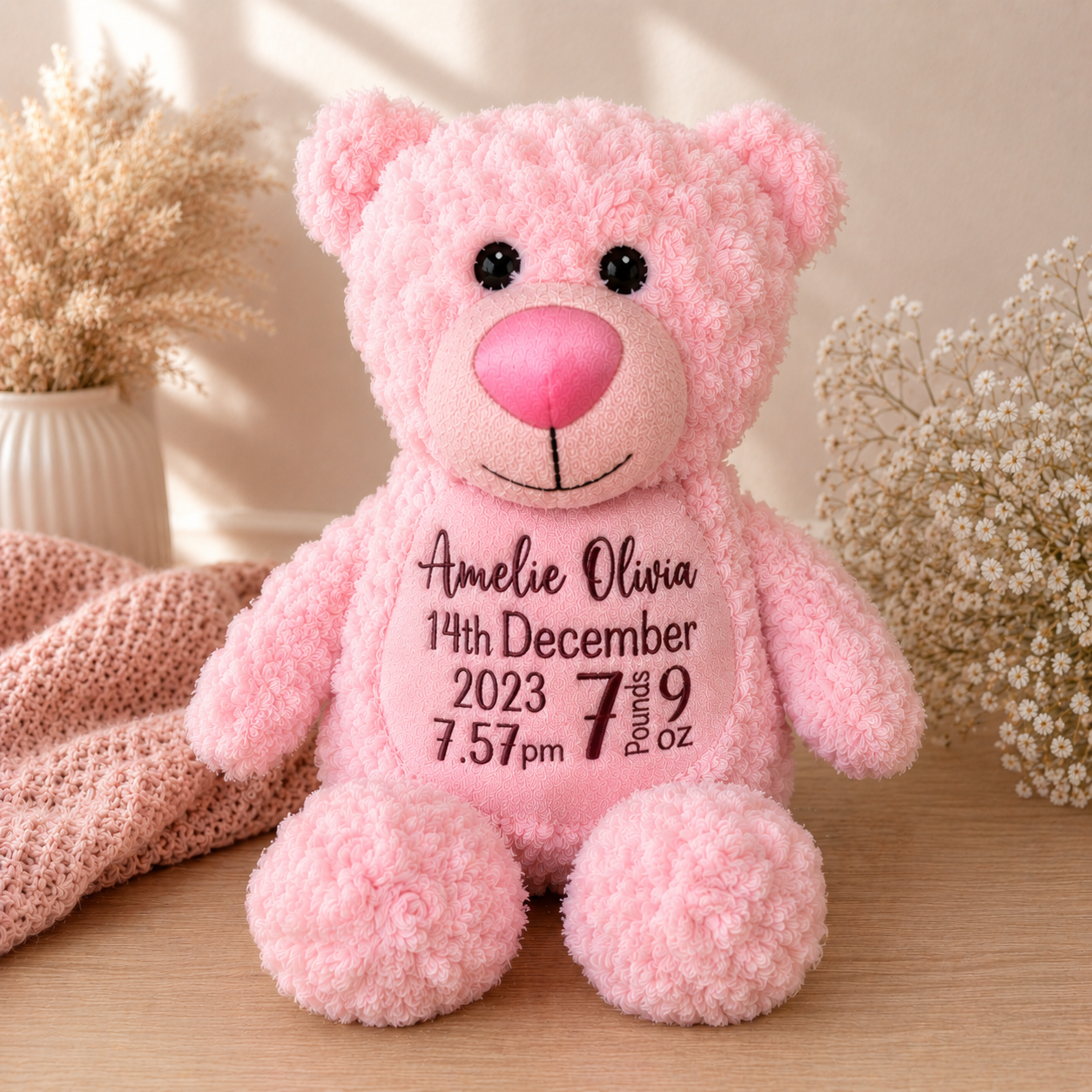 Personalised pink birth teddy bear with birth details – Grace & Grayson