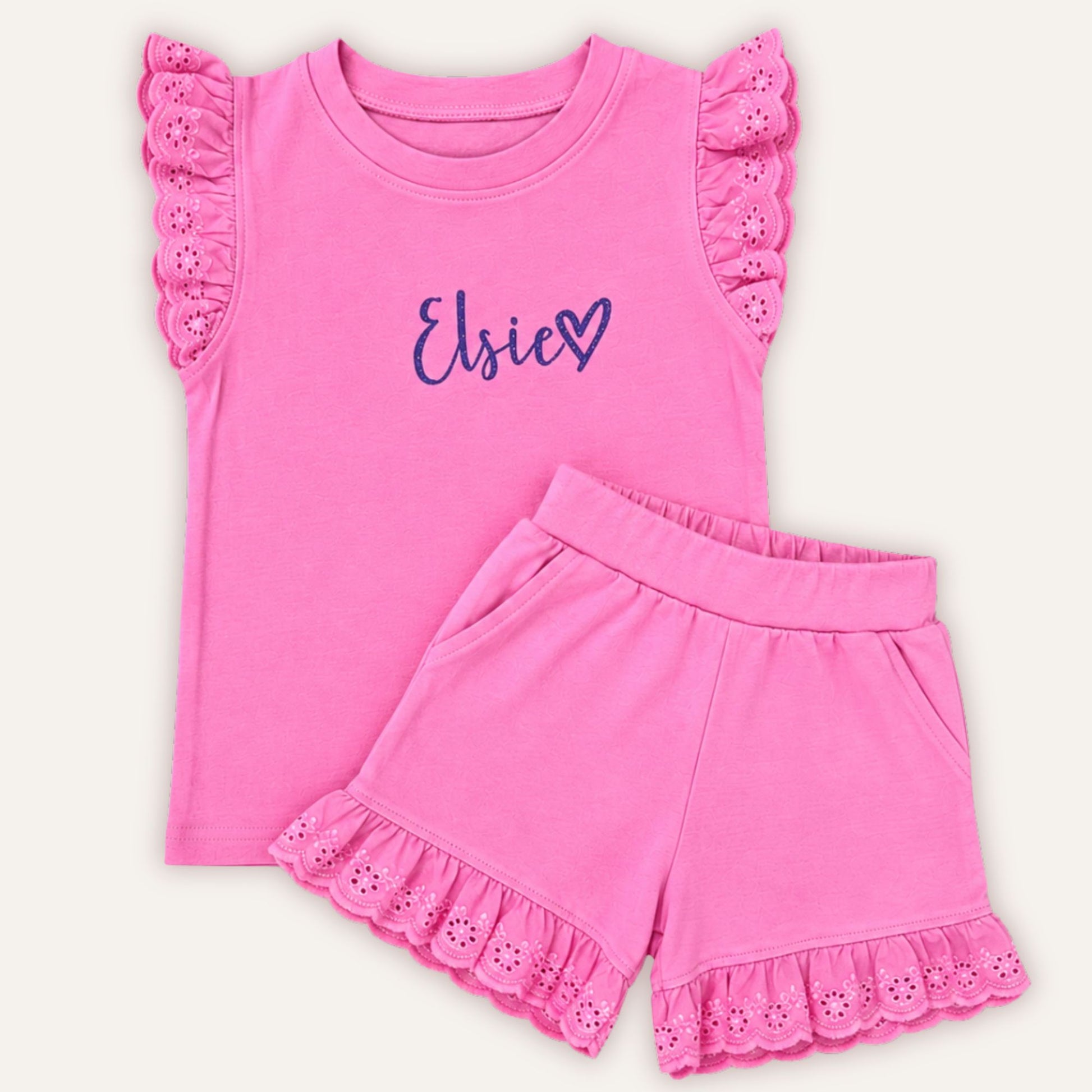 Personalised pink broderie frill summer set for children – Grace & Grayson