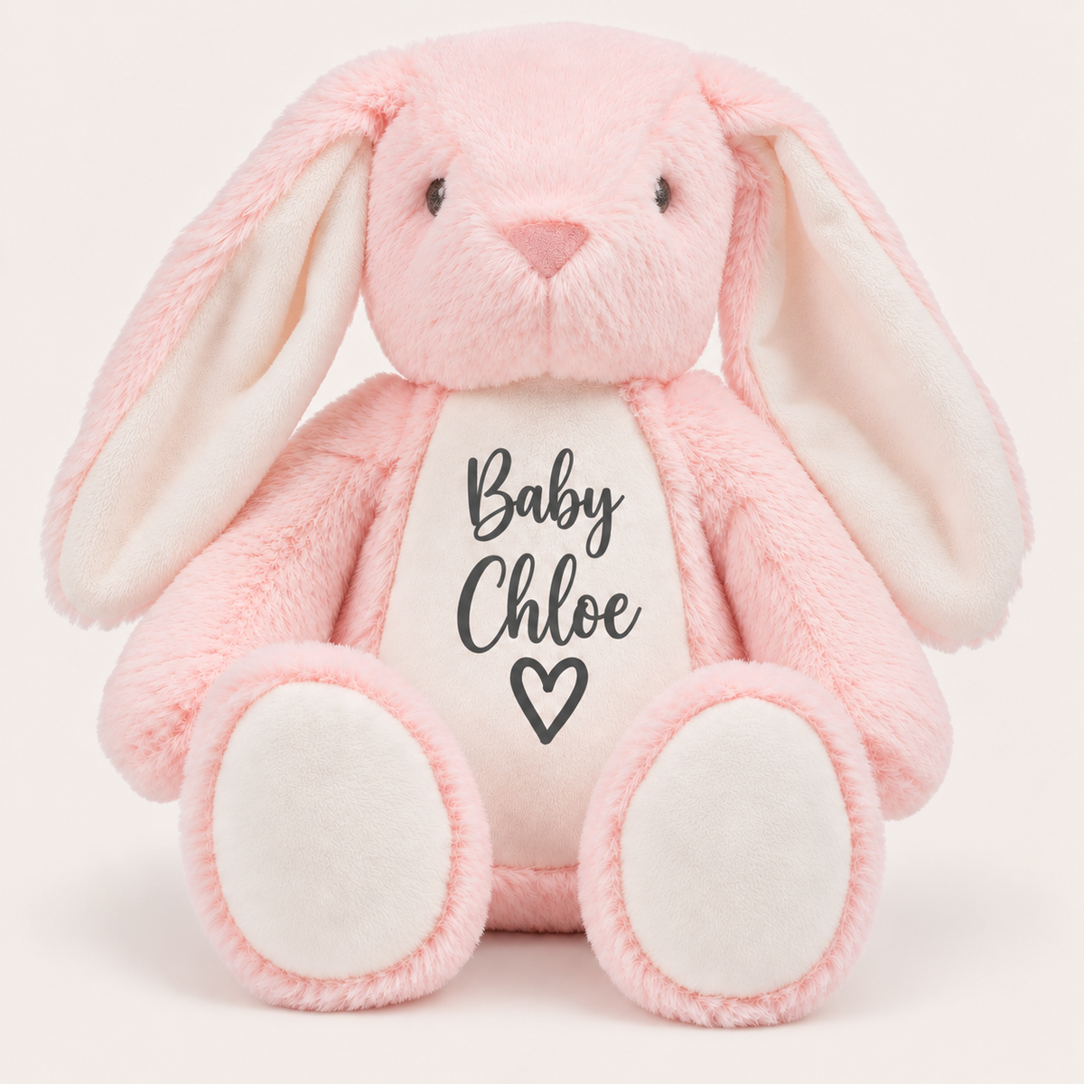 Pink personalised mini bunny teddy with “Baby” name design and a heart on the tummy, Grace & Grayson