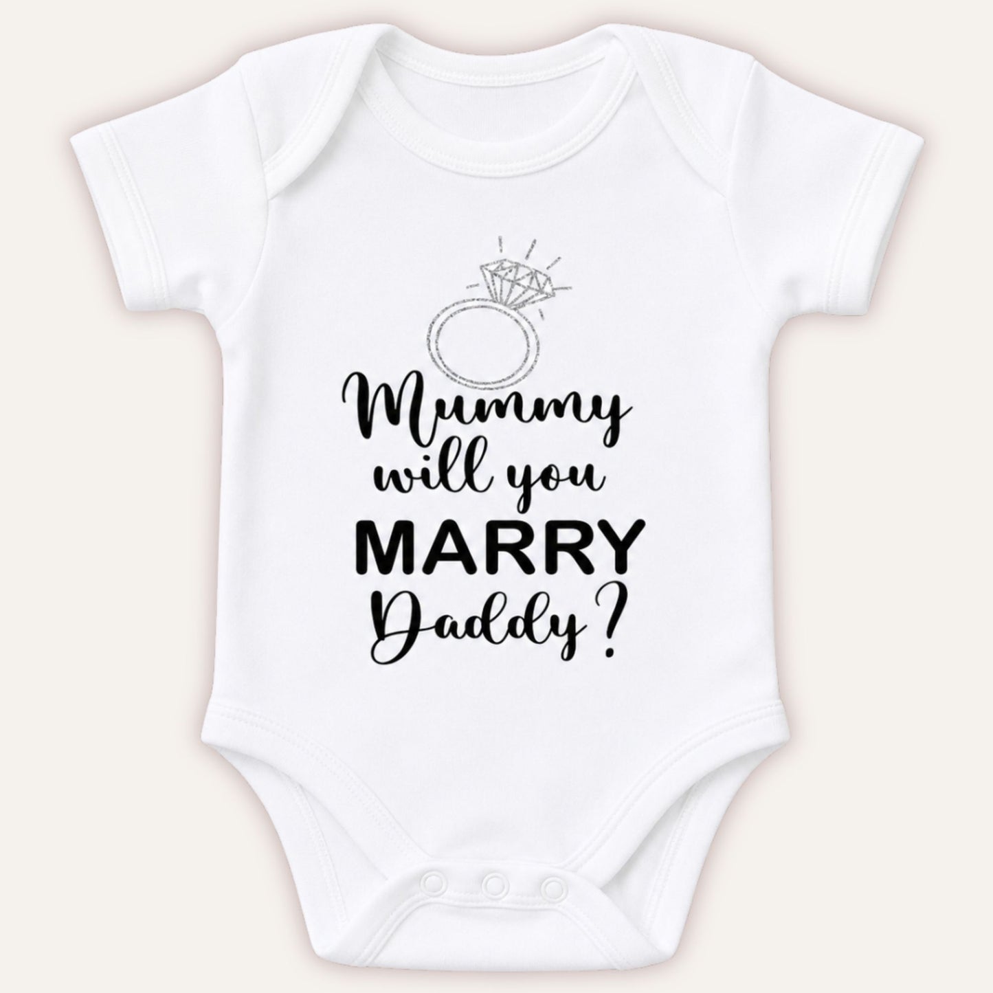 Personalised proposal baby vest with Mummy will you Marry Daddy text and diamond ring design on white bodysuit - Grace & Grayson
