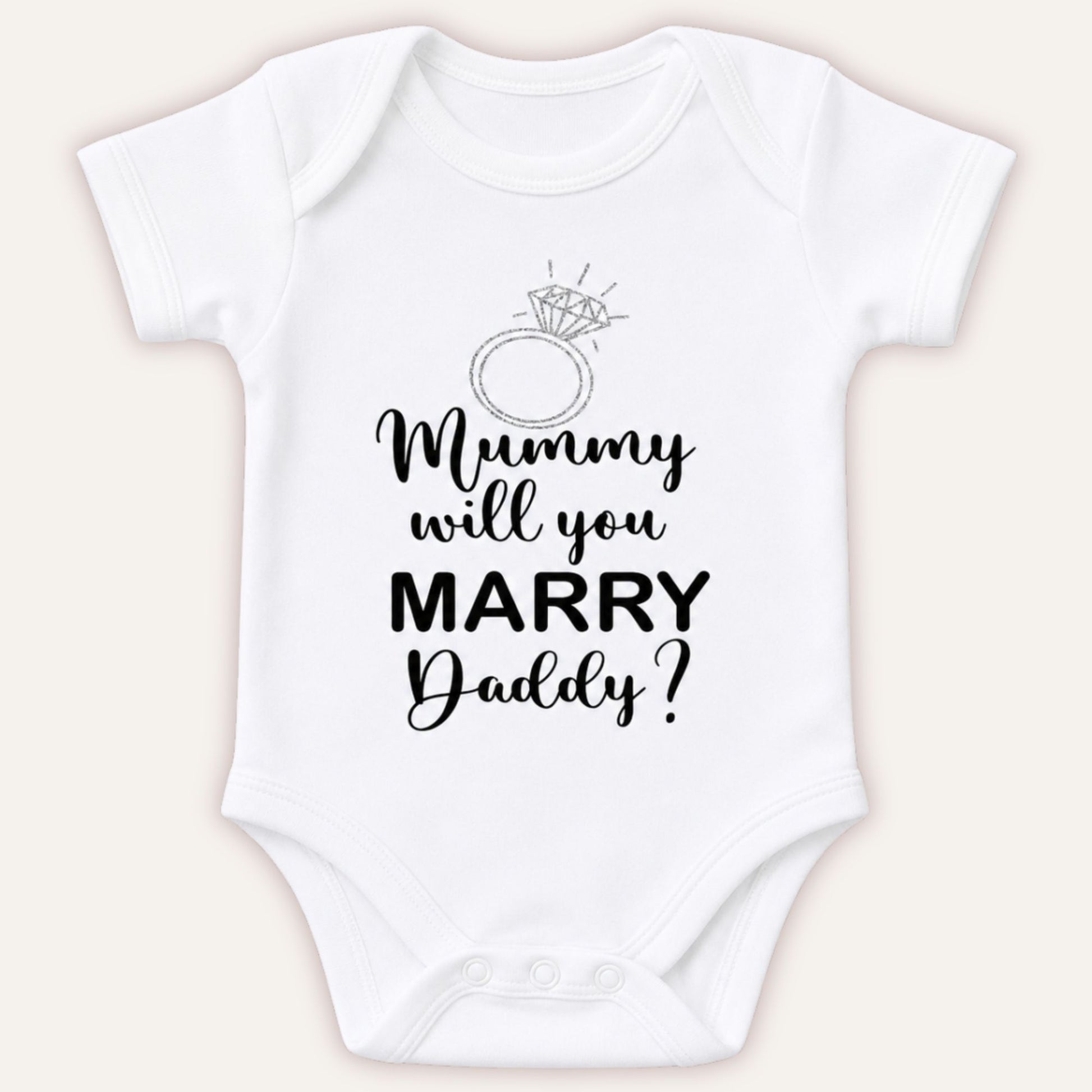 Personalised proposal baby vest with Mummy will you Marry Daddy text and diamond ring design on white bodysuit - Grace & Grayson