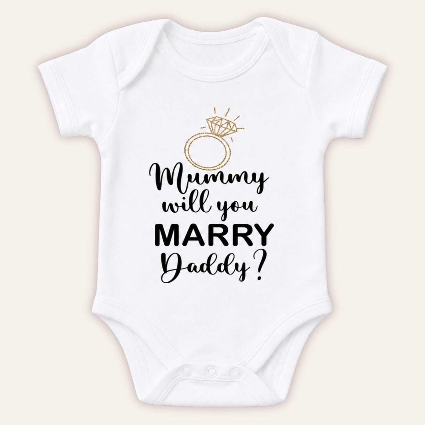 Personalised proposal baby vest with Mummy will you Marry Daddy text and gold diamond ring design on white bodysuit - Grace & Grayson