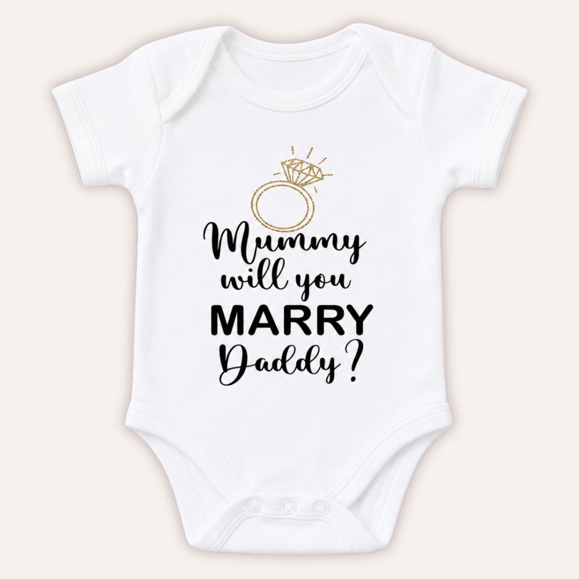 Personalised proposal baby vest with Mummy will you Marry Daddy text and gold diamond ring design on white bodysuit - Grace & Grayson