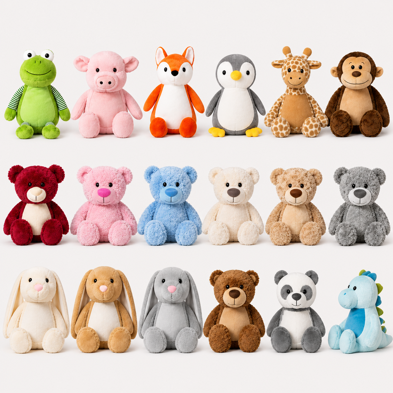 Personalised soft toy options - frog, pig, fox, penguin, giraffe, monkey, red, pink, blue, cream, beige and grey bears, cream, beige and grey bunnies, brown bear, panda and dinosaur by Grace & Grayson