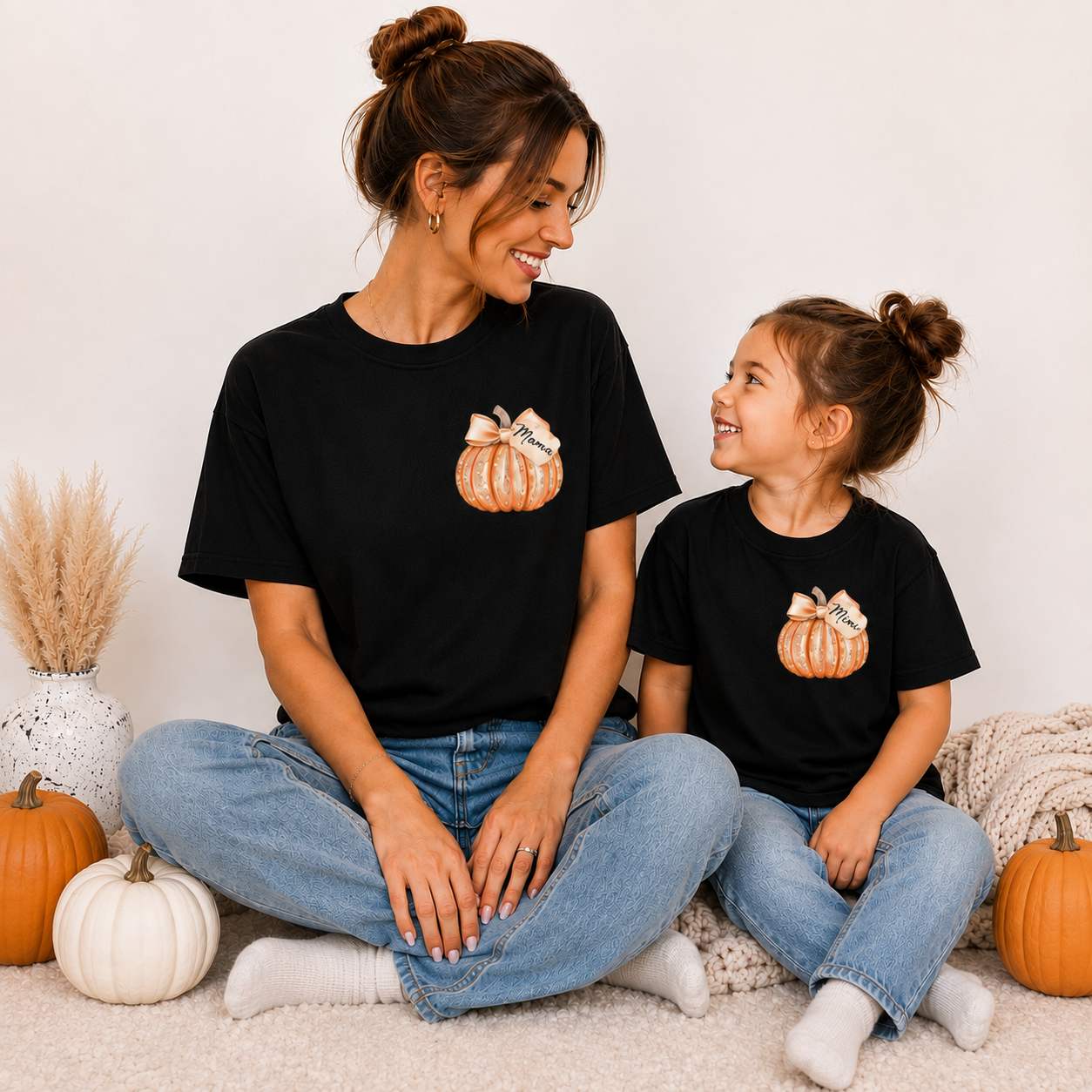 Personalised sparkle pumpkin name tag T-shirt for mama and mini, perfect for Autumn and halloween, Grace & Grayson