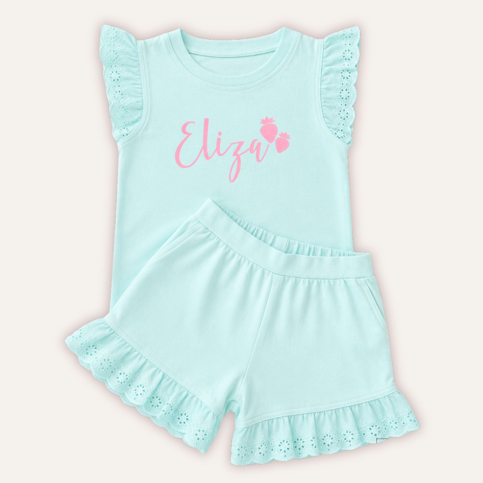 Personalised strawberry broderie frill summer set in pink – Grace & Grayson