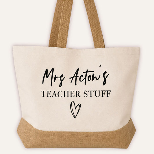 Personalised teacher stuff jute tote bag with custom name and heart design, cream canvas with natural jute base and handles-Grace & Grayson