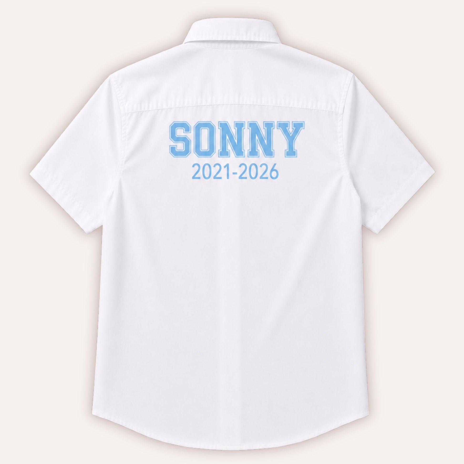 Personalised varsity leavers shirt in blue with custom name and year - Grace & Grayson