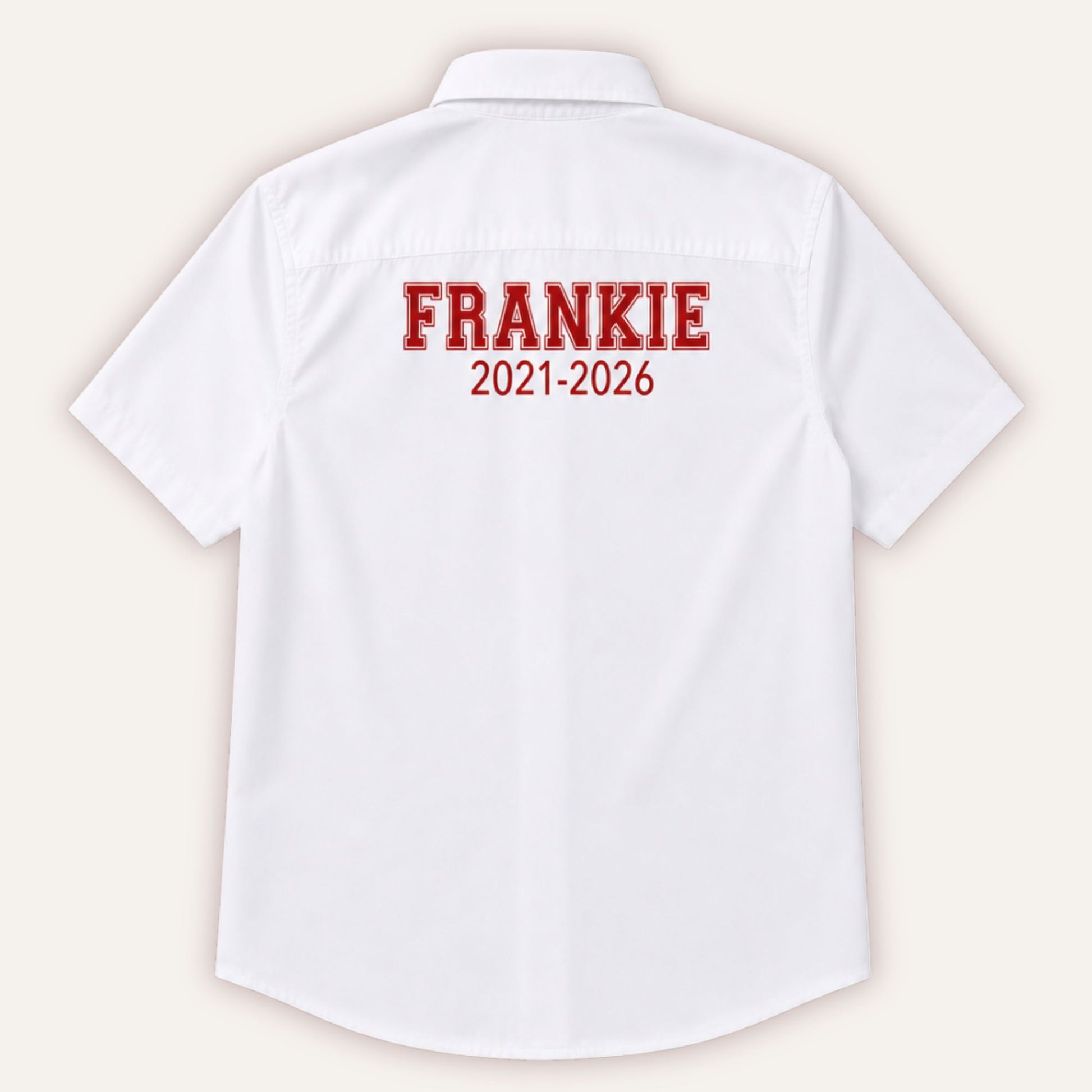 Personalised varsity leavers shirt in red with custom name and year - Grace & Grayson