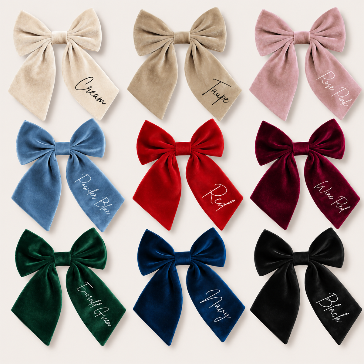 Personalised velvet hair bow colour options in cream, taupe, rose pink, powder blue, bright red, wine red, emerald green, navy and black, Grace & Grayson