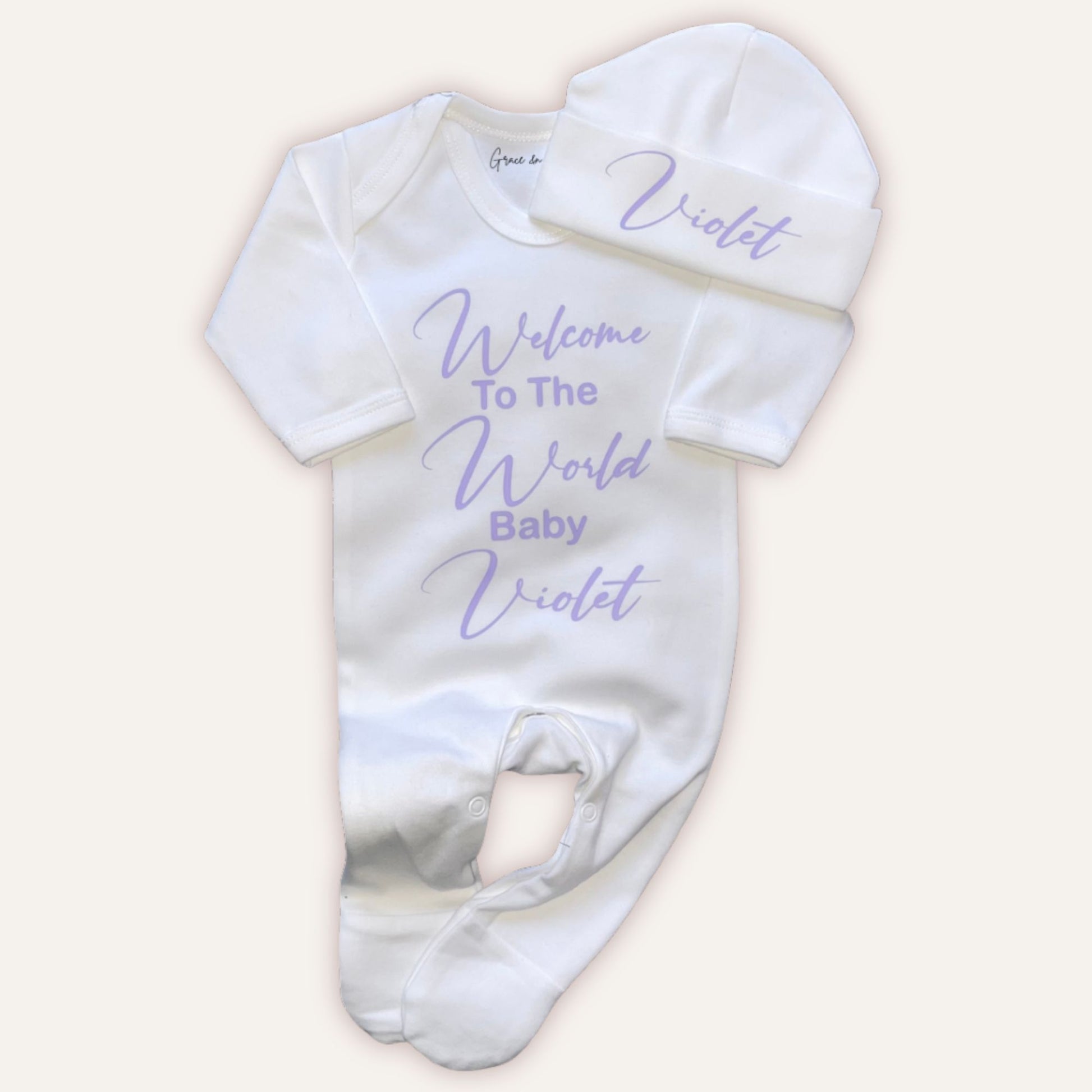 Personalised welcome to the world baby grow set for newborns – Grace & Grayson