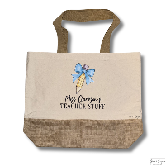 Personalised teacher bow pencil jute bag
