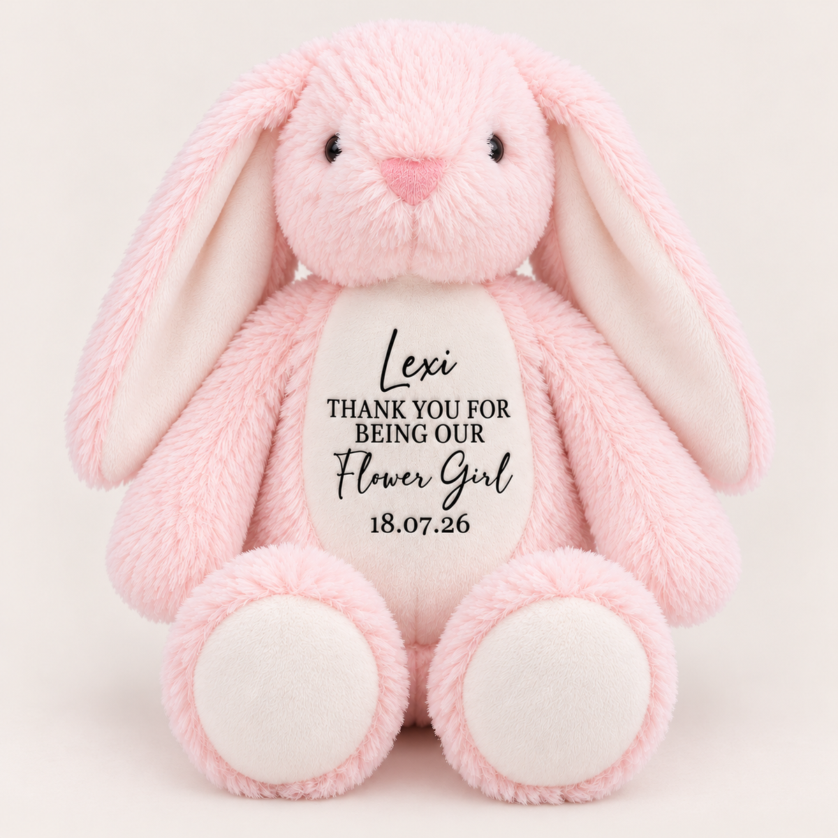 Pink personalised flower girl bunny teddy featuring a thank-you message and date on its belly, Grace & Grayson