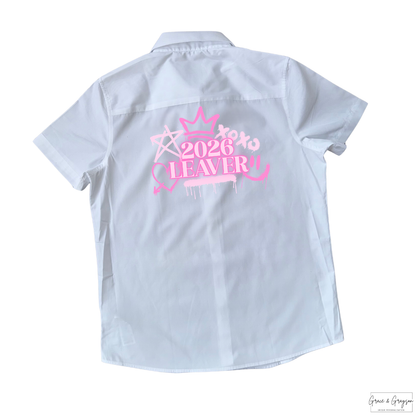 Pink Graffiti Leavers 26 (close-up): "Pink Leavers Graffiti 2026 Shirt close-up - Children's personalised leavers t-shirt"