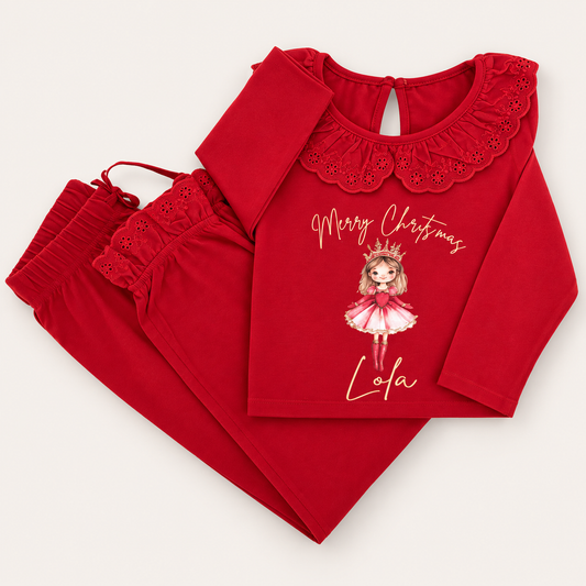 Red personalised Sugar Plum Christmas frill pyjamas with a frill collar and festive fairy design, displayed flat, Grace & Grayson