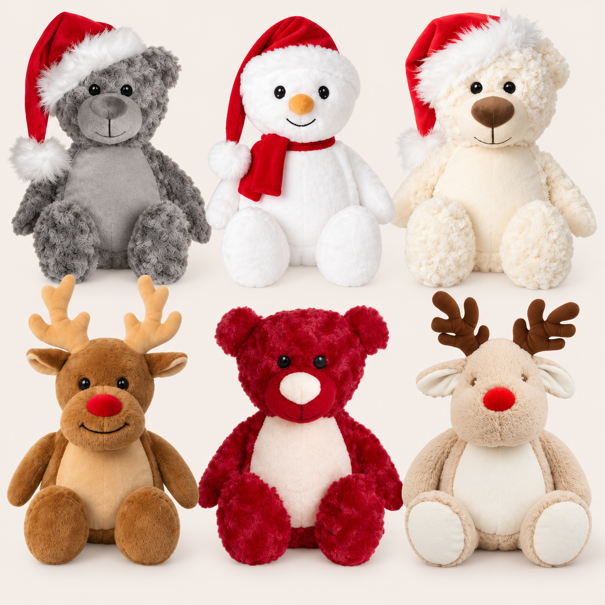 Six personalised Christmas teddy designs shown together, including grey and cream Santa bears, a snowman, brown and cream reindeer, and a red teddy bear, Grace & Grayson