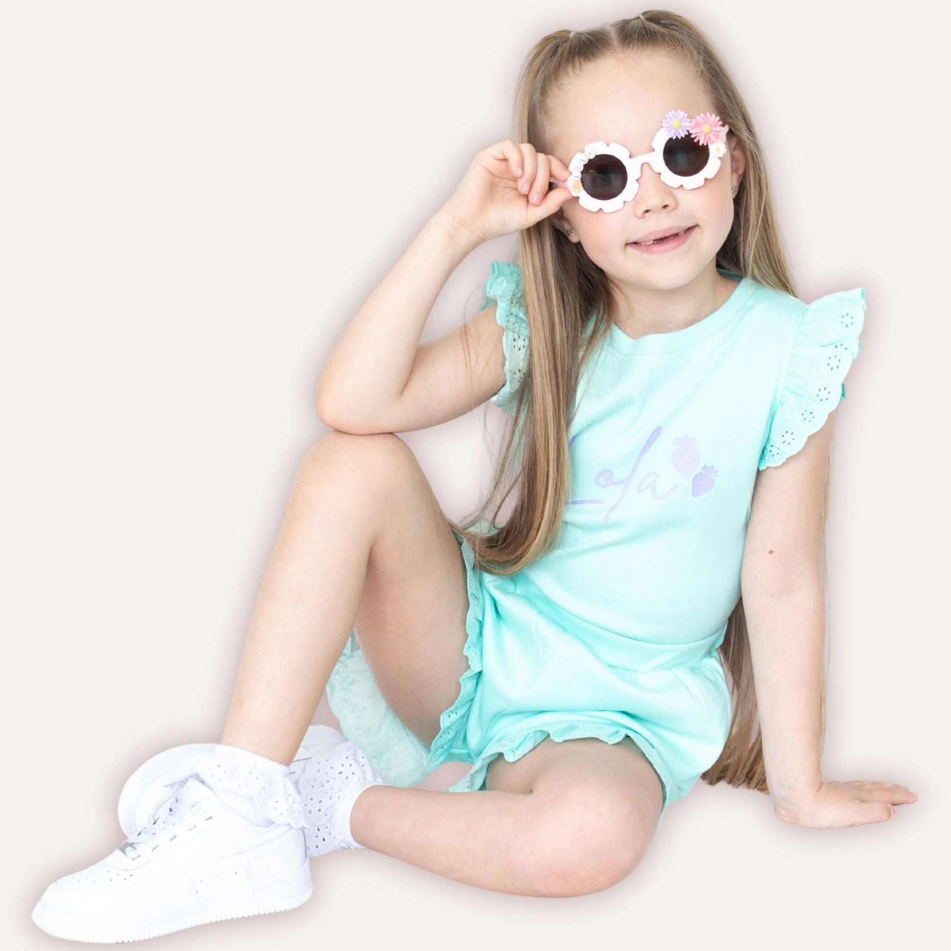 Strawberry Broderie Frill Shorts and T-Shirt Set for girls in turquoise – Grace & Grayson