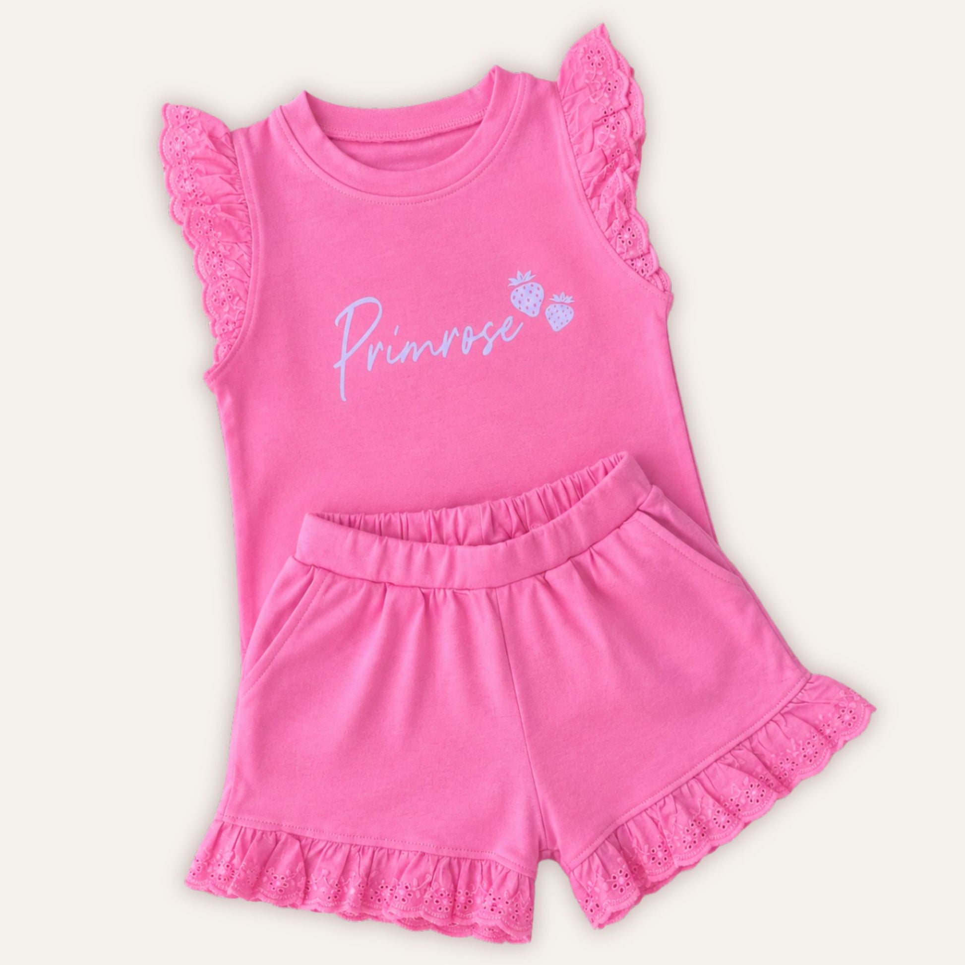Strawberry broderie frill kids outfit with frill detail on shorts and sleeves – Grace & Grayson