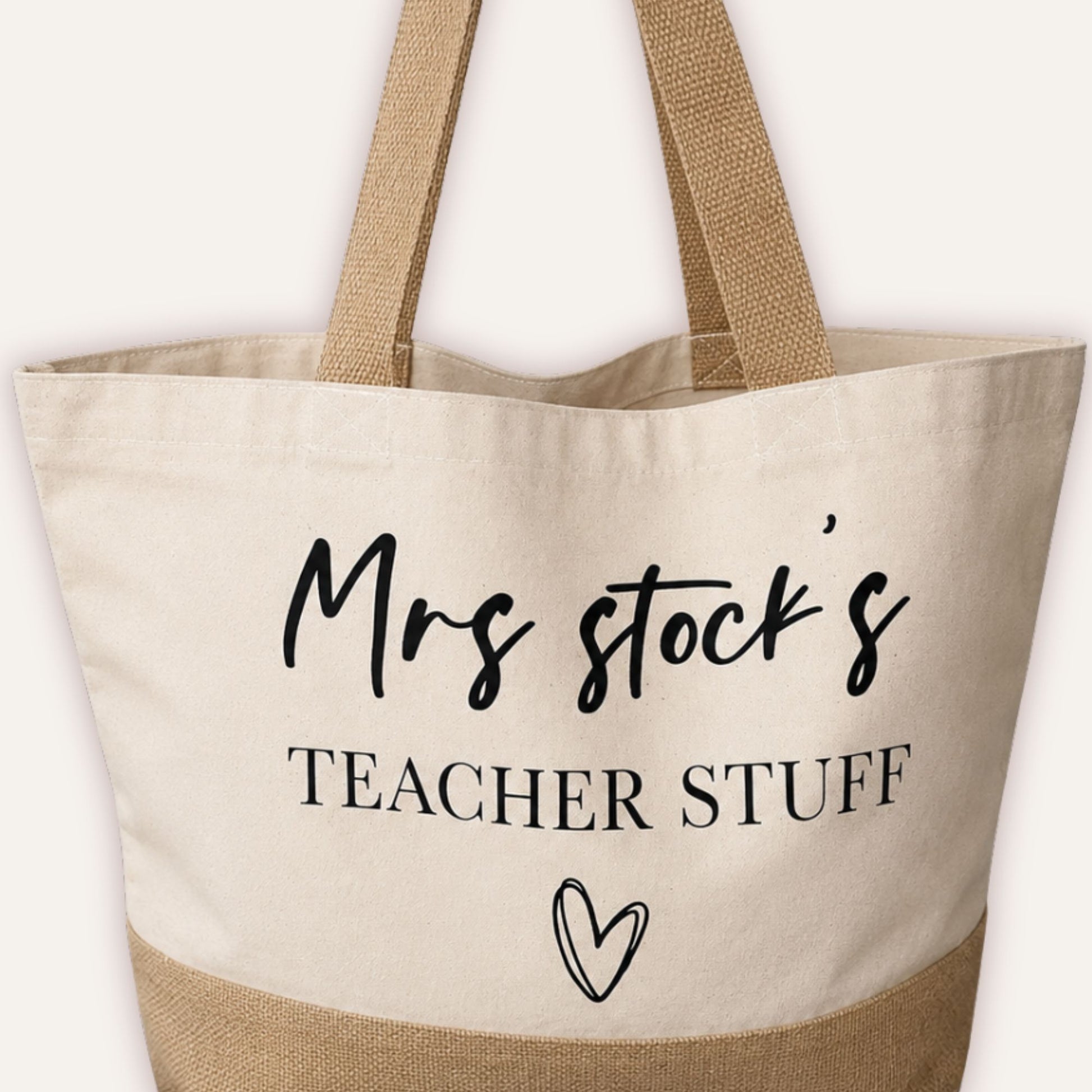 Personalised Teacher Stuff jute bag with custom name printed in script font and heart motif, cream canvas with jute base-Grace & Grayson