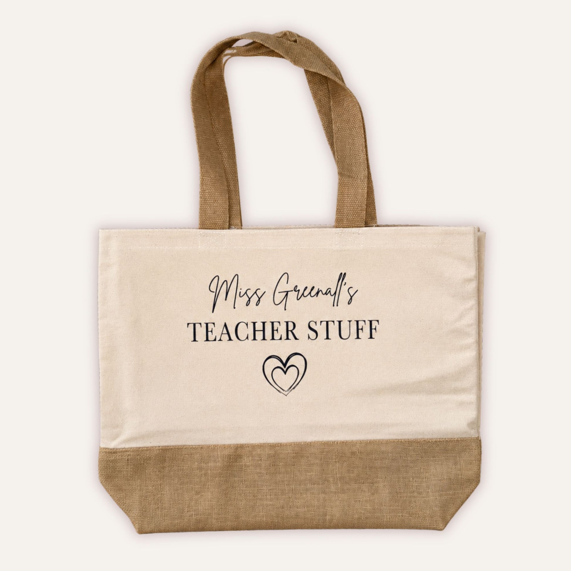 Personalised Teacher Stuff jute tote bag with custom teacher name in script font and double heart design, large cream canvas bag with jute base panel - Grace & Grayson