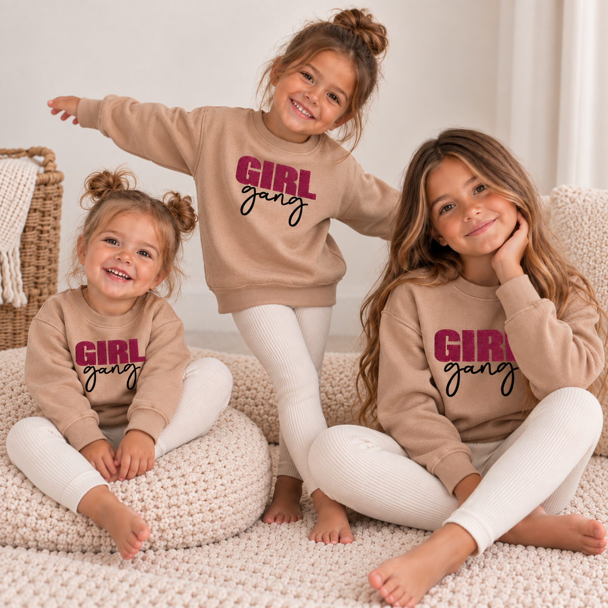 Three girls wearing matching warm taupe Girl Gang sweatshirts together on a cream rug, Grace & Grayson