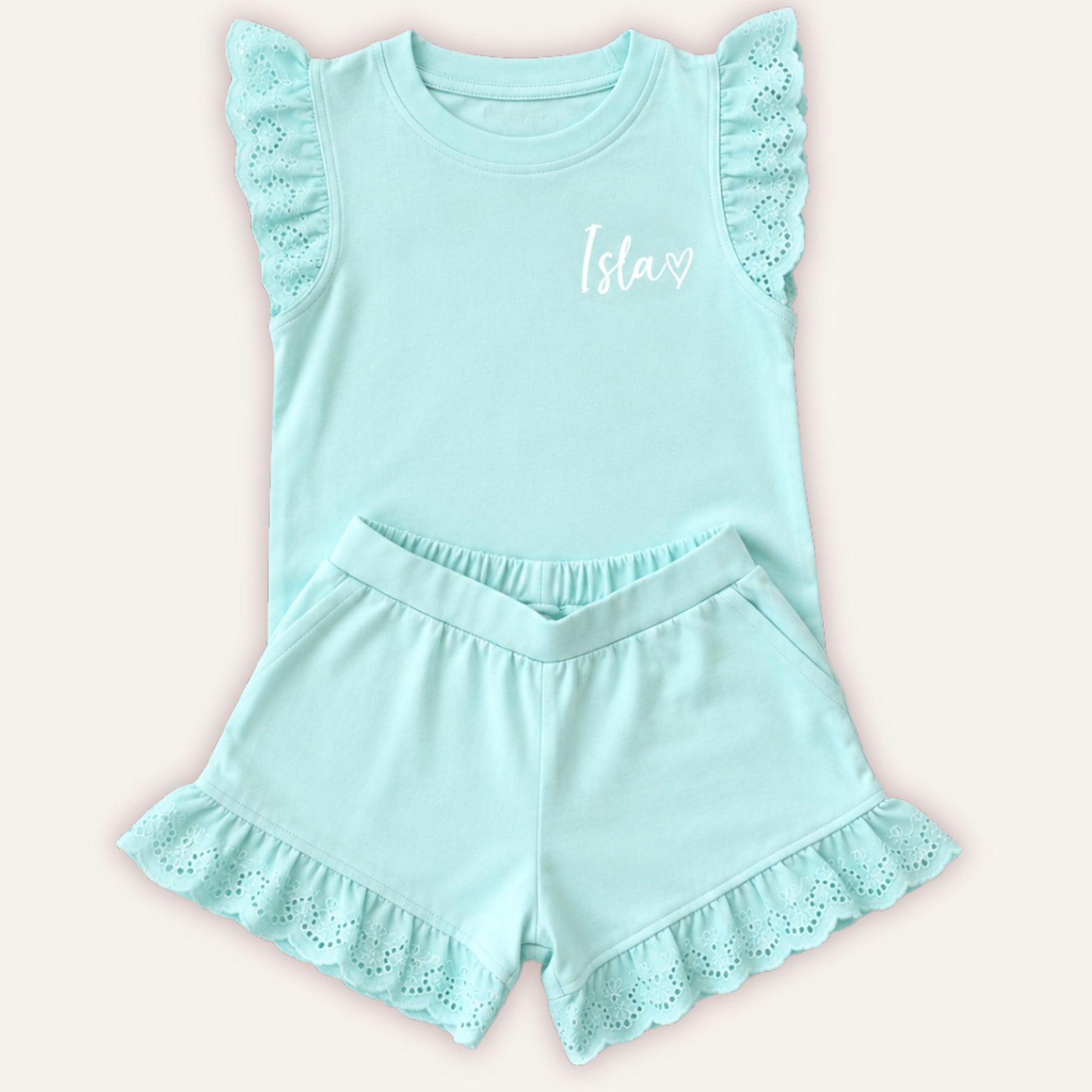 Turquoise Broderie Frill Shorts and T-Shirt Set for girls, personalised with name – Grace & Grayson