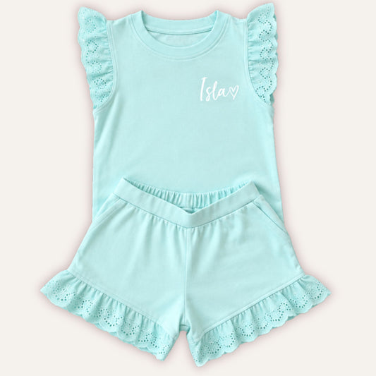 Turquoise Broderie Frill Shorts and T-Shirt Set for girls, personalised with name – Grace & Grayson