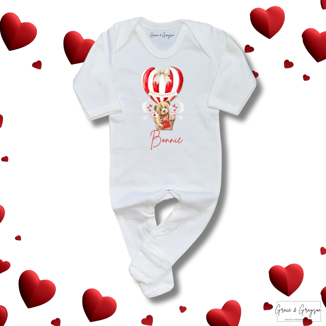 Personalised Happy Valentines Day Hot Air Balloon Bear Baby Grow