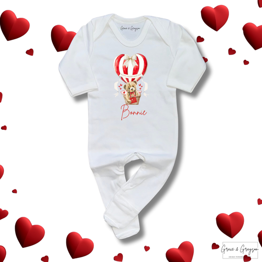 Personalised Happy Valentines Day Hot Air Balloon Bear Baby Grow