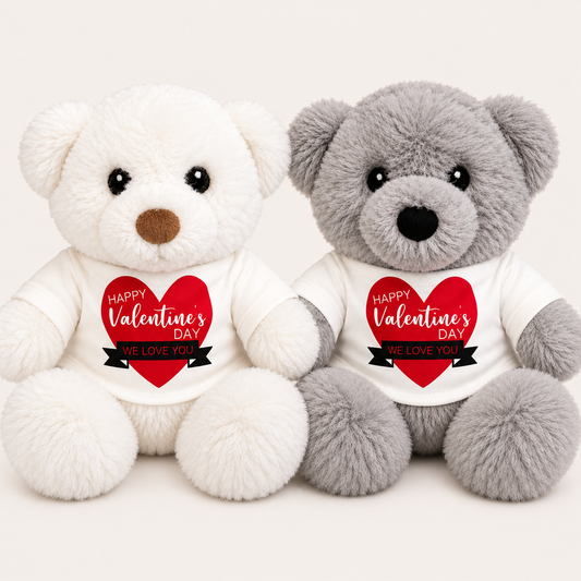 White and grey Valentine’s Day mini teddy bears wearing white t-shirts with red heart designs and “Happy Valentine’s Day” and “We Love You” messages, Grace & Grayson