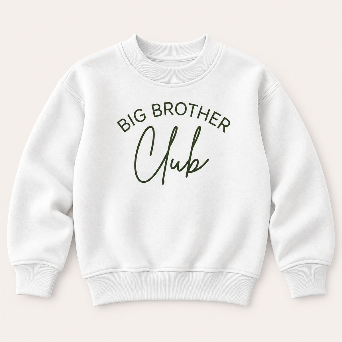 White personalised Big Brother Club sweatshirt with olive green Big Brother Club lettering, displayed flat, Grace & Grayson