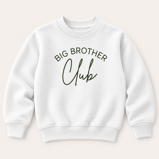 White personalised Big Brother Club sweatshirt with olive green Big Brother Club lettering, displayed flat, Grace & Grayson