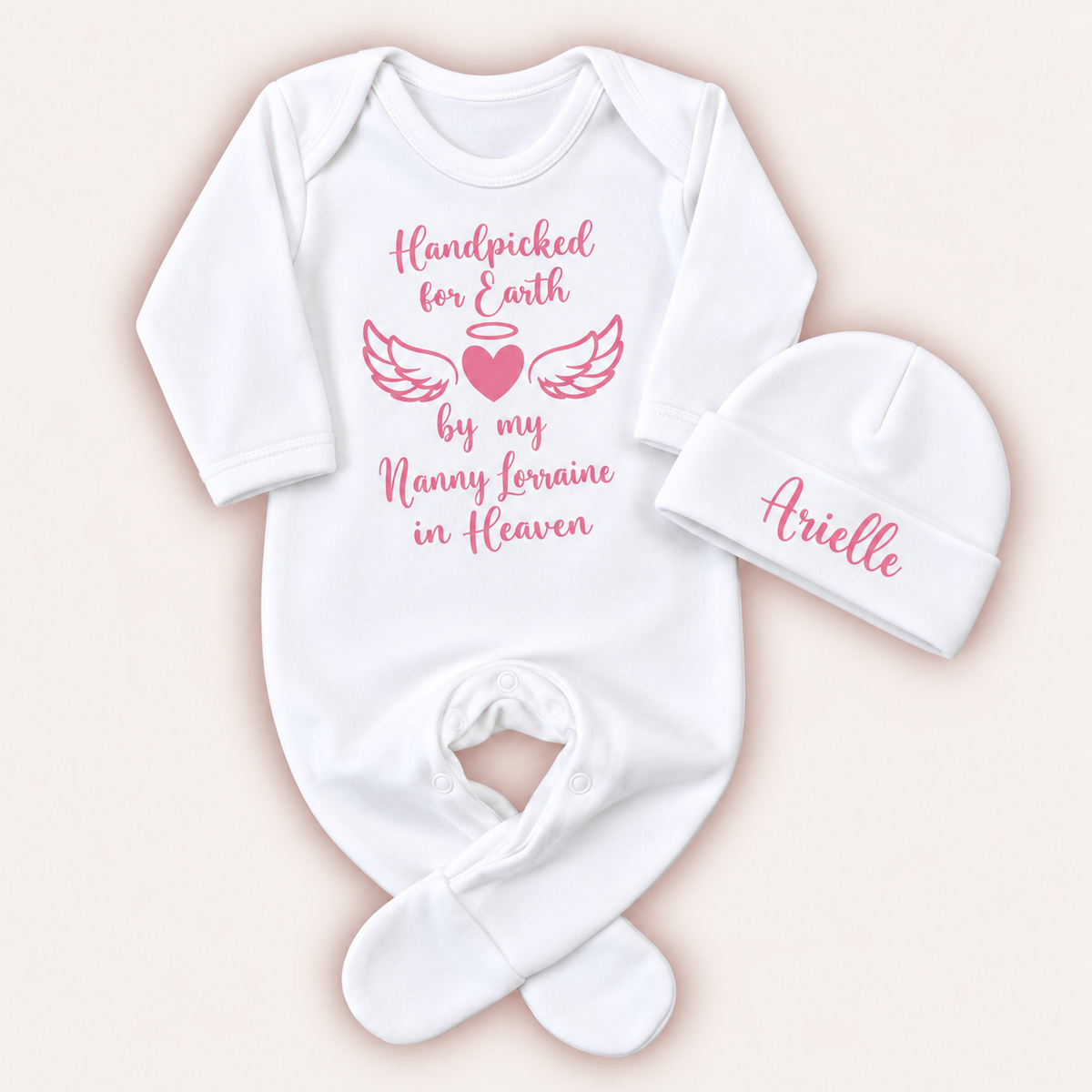 White personalised Handpicked For Earth baby grow and hat with pink angel wings and heart memorial design