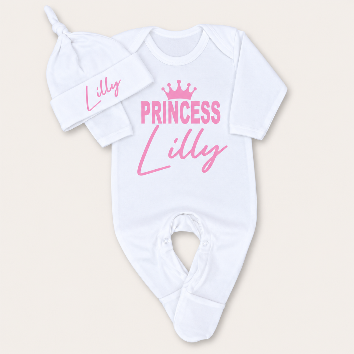 White personalised Princess baby grow and matching hat with pink crown lettering, Grace & Grayson