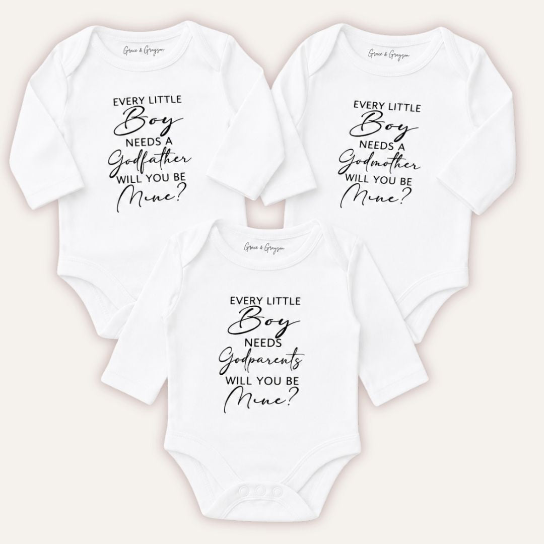 White personalised baby vest with black godparents, godfather, godmother announcement text, Grace & Grayson