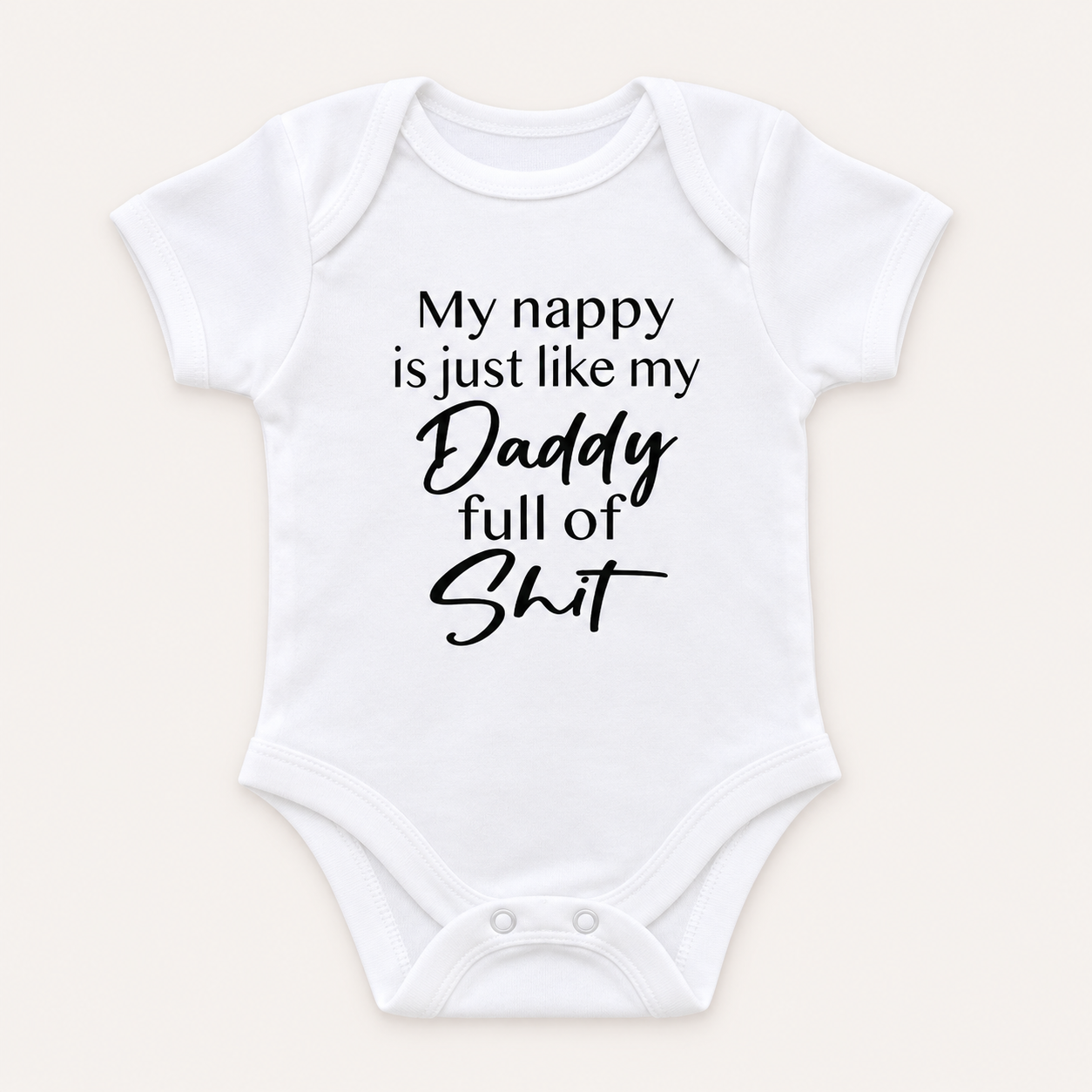 White personalised baby vest with black lettering featuring a cheeky nappy joke about Daddy, displayed on a light background, Grace & Grayson.