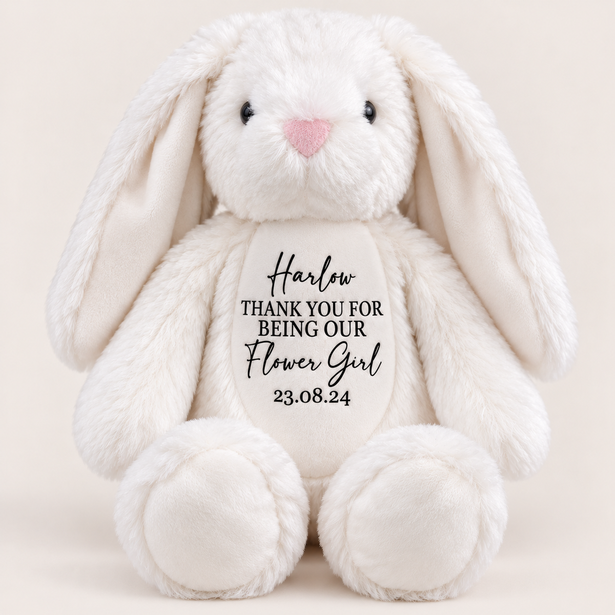 White personalised flower girl bunny teddy featuring a thank-you message and date on its belly, Grace & Grayson
