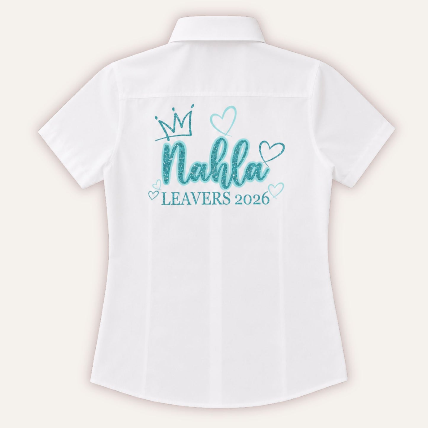 White personalised leavers shirt with glitter crown and hearts design in turquoise and light blue glitter, printed with a custom name and Leavers 2026