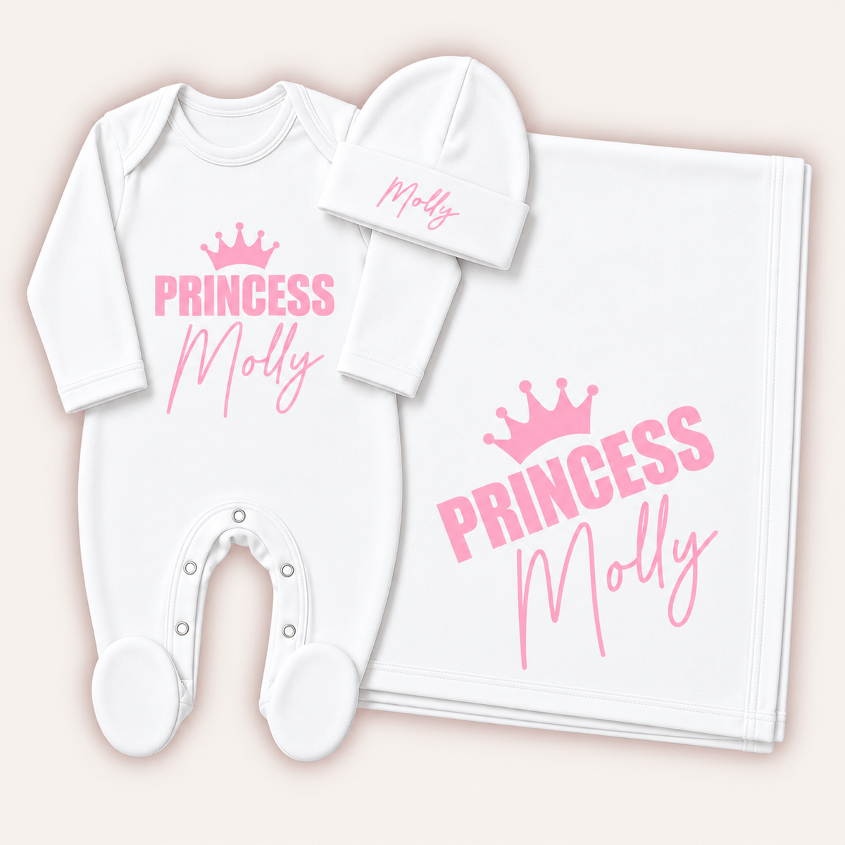 White personalised princess baby grow gift set with matching blanket and hat in pink crown design, Grace & Grayson