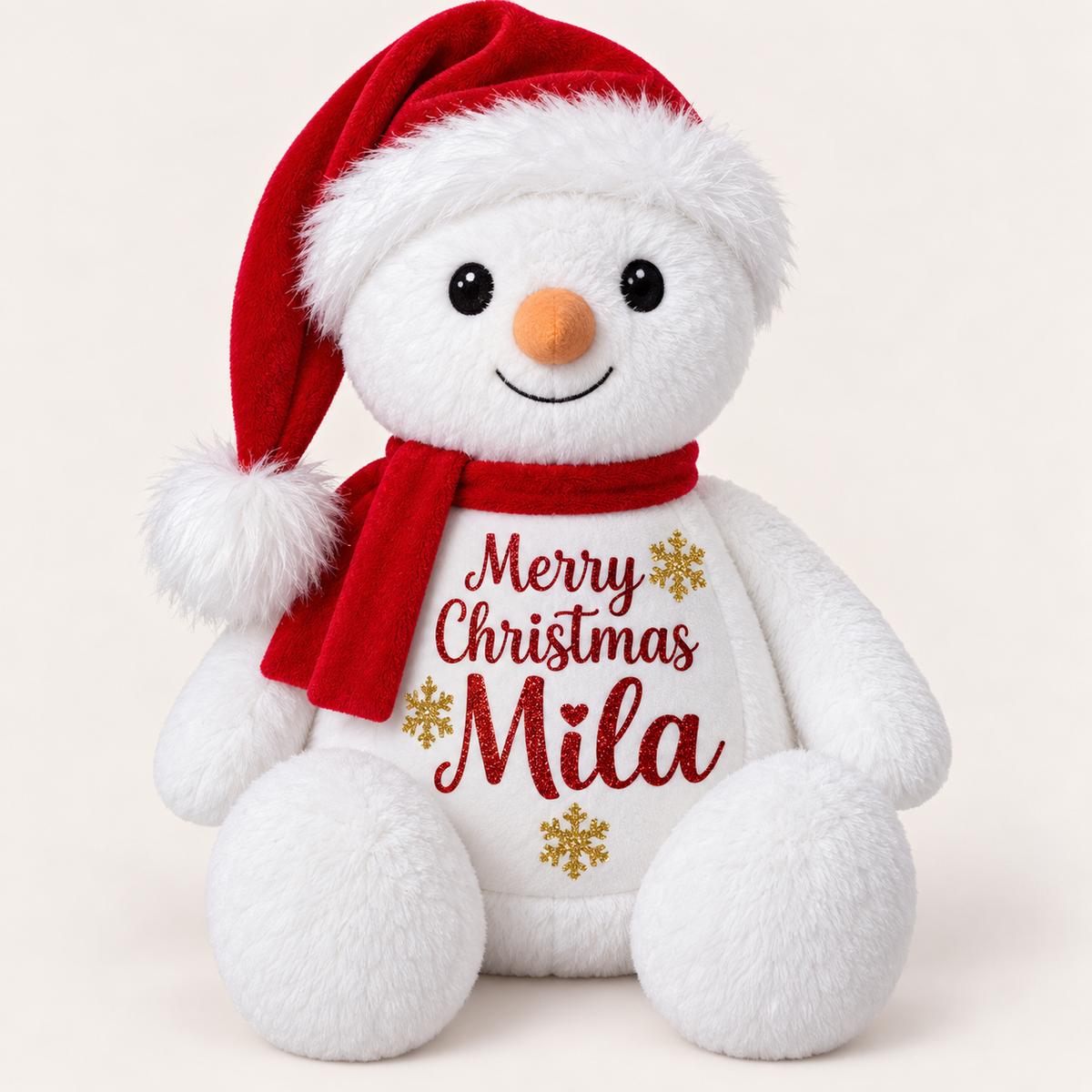 White personalised snowman Christmas teddy bear wearing a Santa hat and scarf with Merry Christmas lettering, displayed on a light background, Grace & Grayson