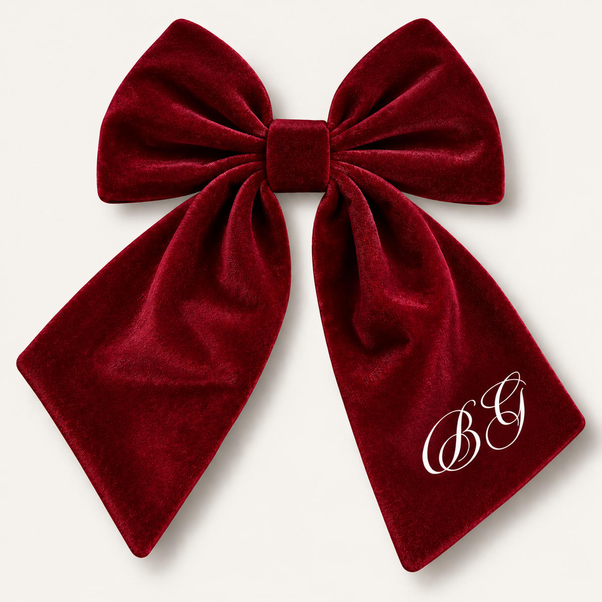 Wine red personalised velvet hair bow with white fancy initials, displayed flat, Grace & Grayson