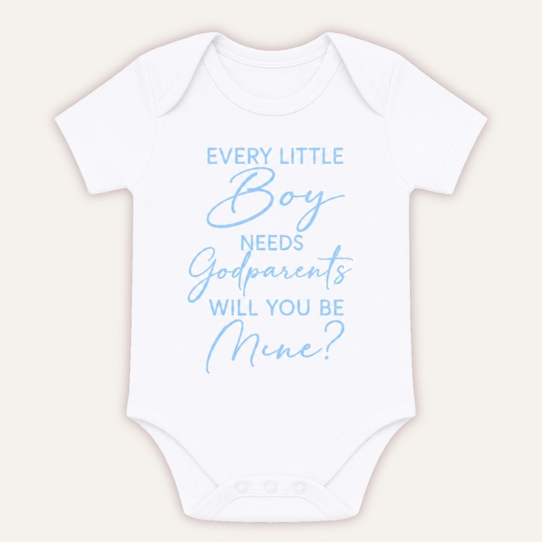 White baby vests with godfather, godmother and godparents announcement designs, Grace & Grayson