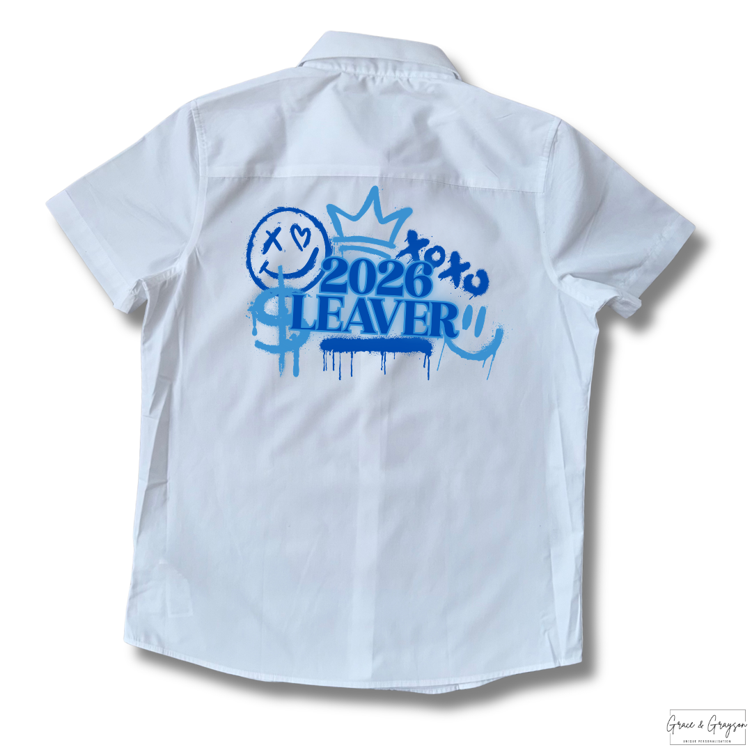 Blue Graffiti: "Blue Leavers Graffiti 2026 Shirt - Personalised school leavers signature t-shirt"