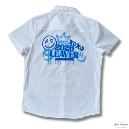 Blue Graffiti: "Blue Leavers Graffiti 2026 Shirt - Personalised school leavers signature t-shirt"