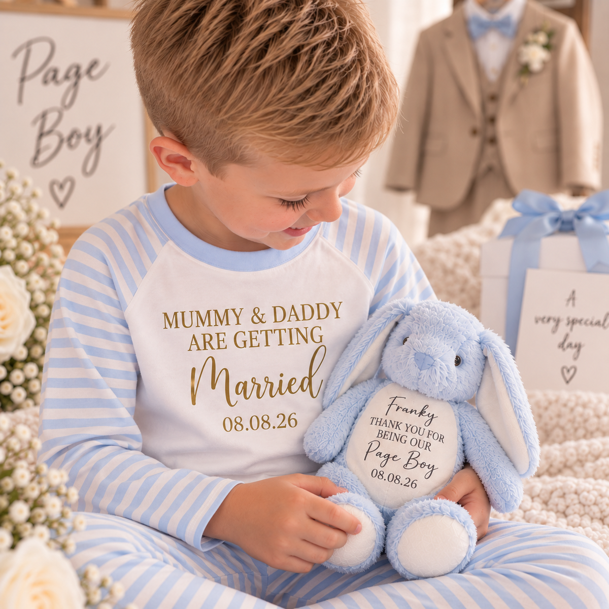 Child wearing blue-and-white striped personalised pyjamas while holding a blue page boy bunny teddy, Grace & Grayson