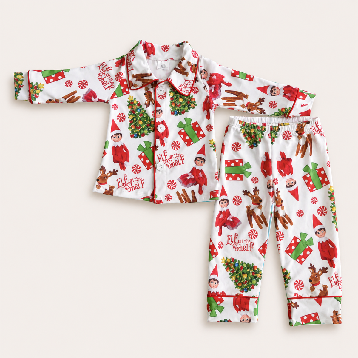Personalised boys’ Elf on the Shelf Christmas pyjamas with festive elves, reindeer, gifts and Christmas trees by Grace & Grayson