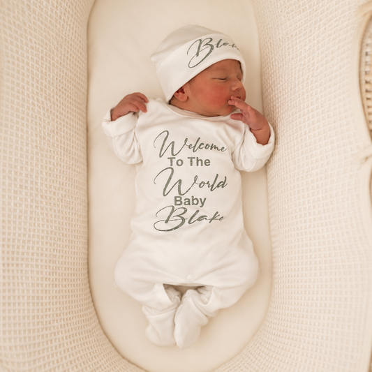 Personalised Welcome To The World Baby Grow Set