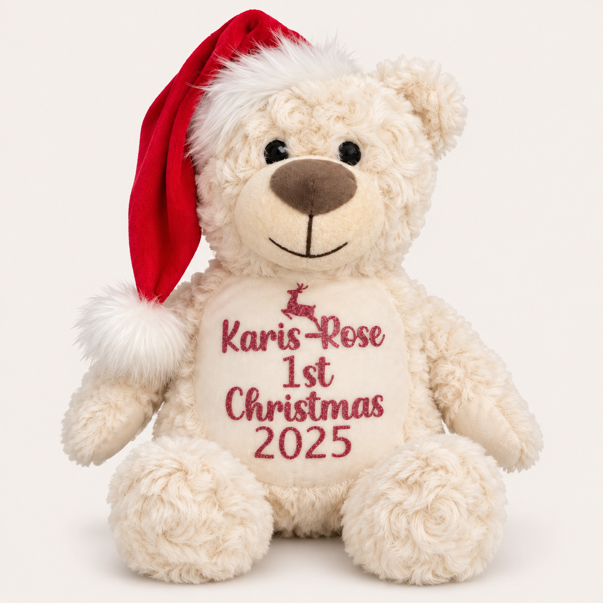 Cream teddy in a Santa hat with a reindeer motif and “1st Christmas” lettering, Grace & Grayson