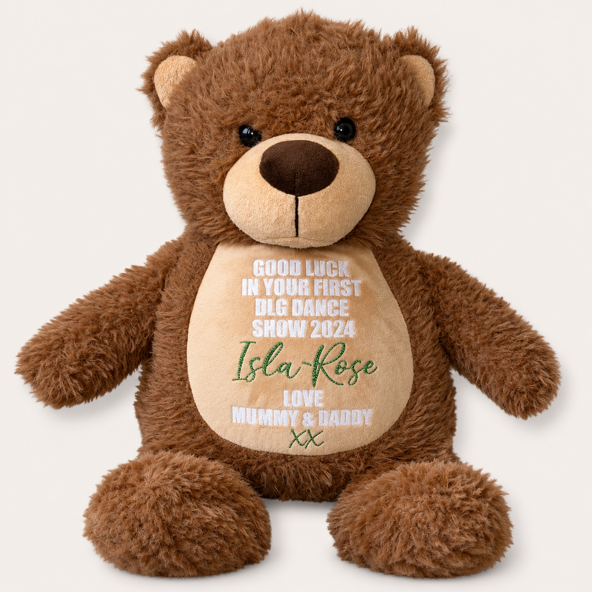 Personalised brown teddy bear with a good luck message for a first DLG dance show, Grace & Grayson