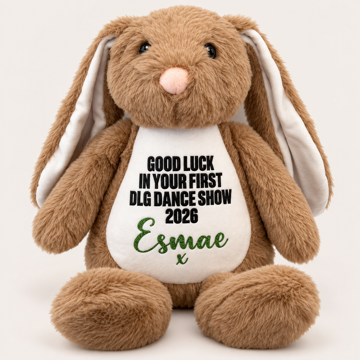 Personalised brown bunny teddy with a good luck message for a first DLG dance show, Grace & Grayson